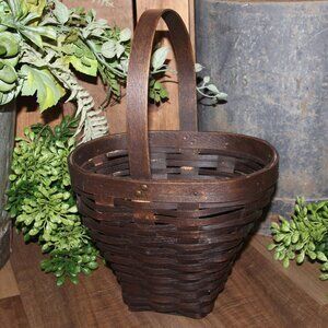 Vintage French Country Primitive Farmhouse Wood Basket with Handle
